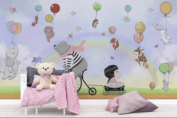 Balonlu Ayıcık ve Kız Çocuğu Duvar Kağıdı Baskı - Resim 5