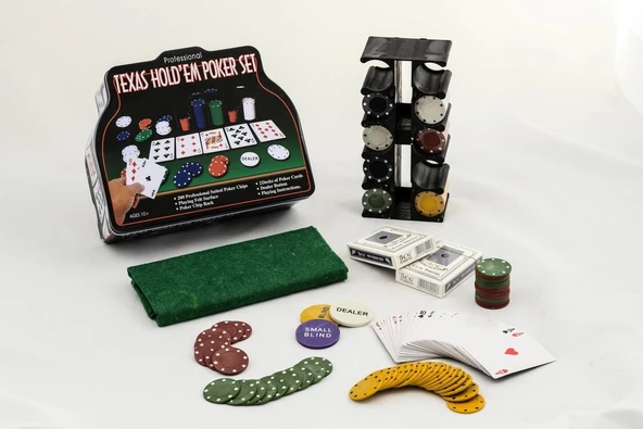 Texas Poker Seti 200 Chip + 2 Deste İskambil Kağıdı Özel Teneke Kutusunda - 4