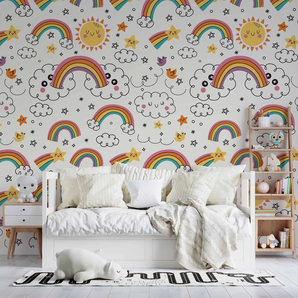 Bulut-Gökkuşağı Temalı Duvar Kağıdı Baskı - Resim 4