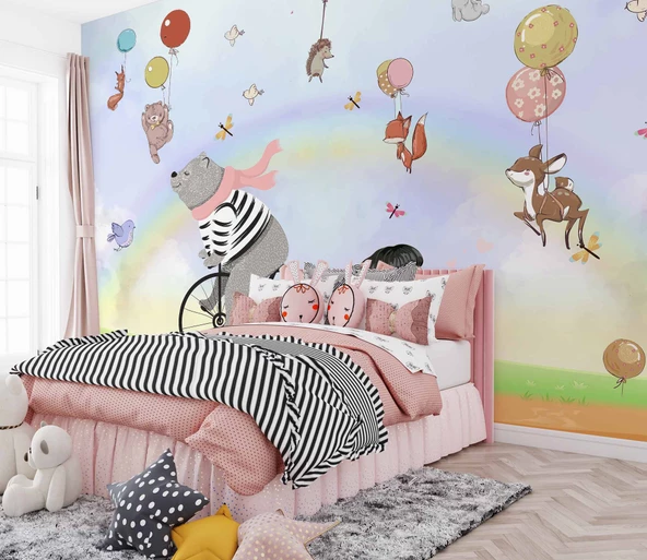 Balonlu Ayıcık ve Kız Çocuğu Duvar Kağıdı Baskı - Resim 4