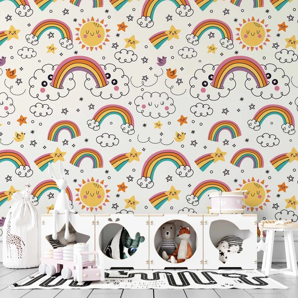 Bulut-Gökkuşağı Temalı Duvar Kağıdı Baskı - Resim 3