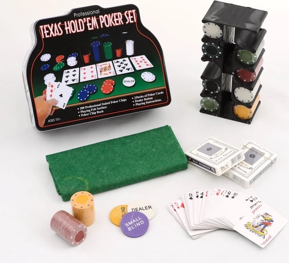 Texas Poker Seti 200 Chip + 2 Deste İskambil Kağıdı Özel Teneke Kutusunda