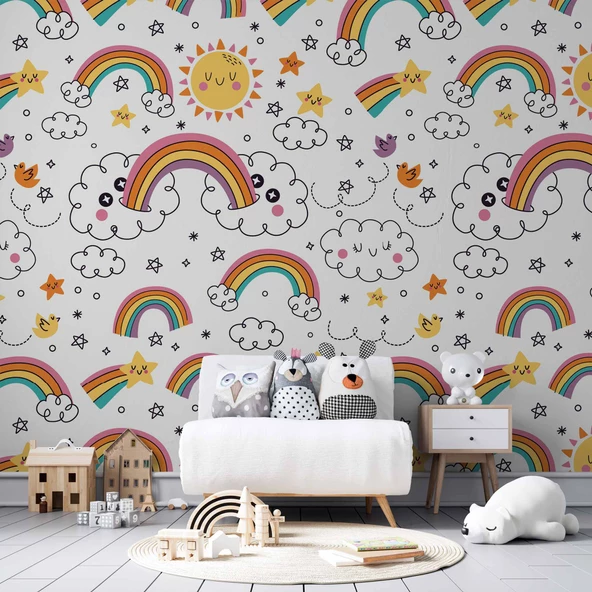Bulut-Gökkuşağı Temalı Duvar Kağıdı Baskı - Resim 2