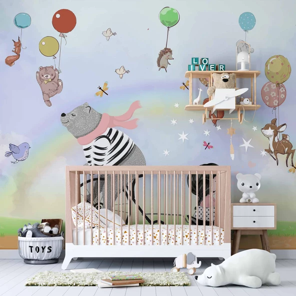 Balonlu Ayıcık ve Kız Çocuğu Duvar Kağıdı Baskı - Resim 3