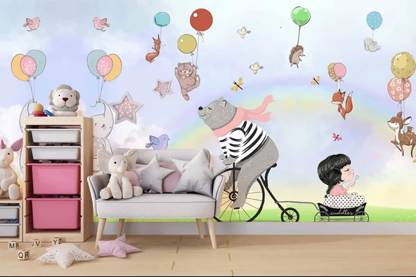Balonlu Ayıcık ve Kız Çocuğu Duvar Kağıdı Baskı - Resim 2