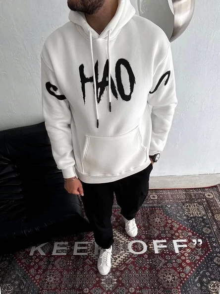 Oversize Kapşonlu Baskılı SweatShirt - Beyaz