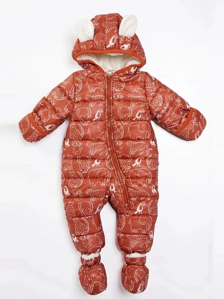 Hayvan Desenli Çıkarılabilir Patik Eldiven Kapüşonlu Kışlık Erkek Bebek Astronot Tulum Kozmonot Mont - 2