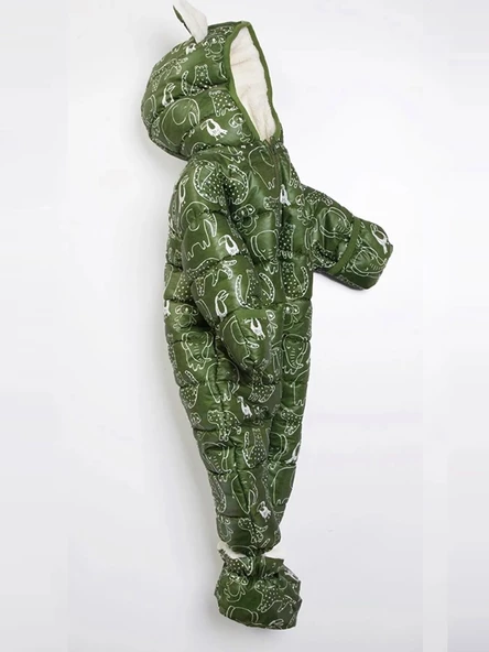 Hayvan Desenli Çıkarılabilir Patik Eldiven Kapüşonlu Kışlık Erkek Bebek Astronot Tulum Kozmonot Mont - 4