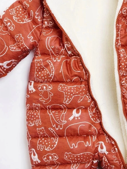 Hayvan Desenli Çıkarılabilir Patik Eldiven Kapüşonlu Kışlık Erkek Bebek Astronot Tulum Kozmonot Mont - 5