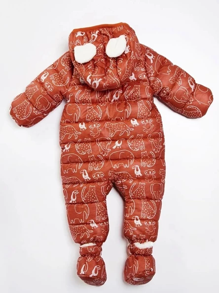 Hayvan Desenli Çıkarılabilir Patik Eldiven Kapüşonlu Kışlık Erkek Bebek Astronot Tulum Kozmonot Mont - 7