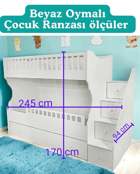 Beyaz Oymalı Çocuk Ranzası