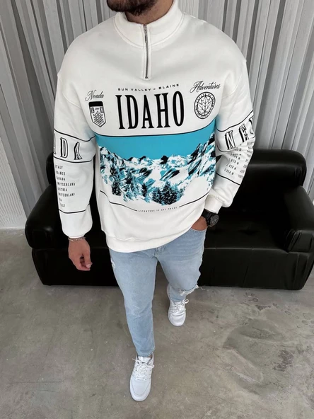 Erkek Yarım Fermuarlı Oversize Baskılı SweatShirt - Beyaz