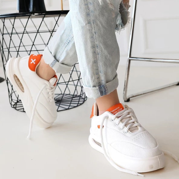 Chris Beyaz Cilt Turuncu Detaylı Bağcıklı Spor Ayakkabı - 3