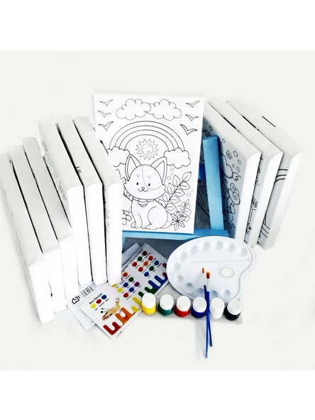 10'lu Erkek Çocuk Ressam Seti 10 Adet 20 x 30 cm Önçizimli Tuval 2 Adet Fırça Palet Boya & Şövale - 2