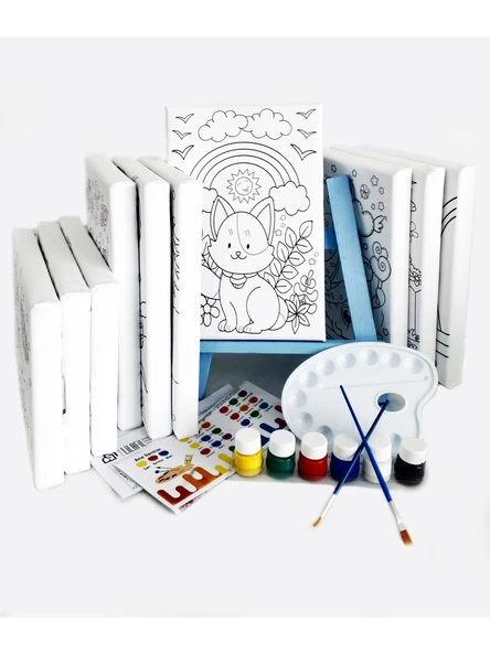 10'lu Erkek Çocuk Ressam Seti 10 Adet 20 x 30 cm Önçizimli Tuval 2 Adet Fırça Palet Boya & Şövale - 3