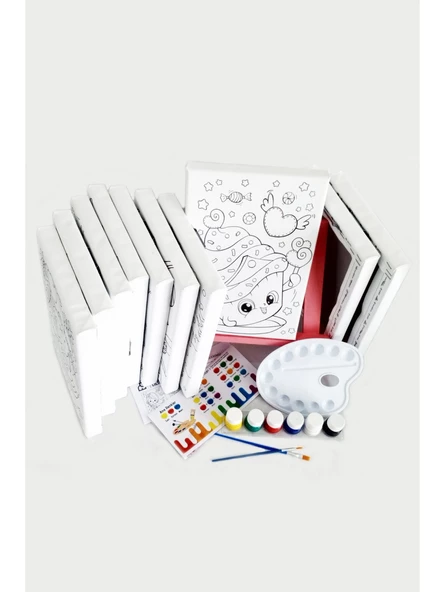 10'lu Kız Çocuk Ressam Seti 10 Adet 20 x 30 cm Önçizimli Tuval 2 Adet Fırça Palet Boya & Şövale - 2