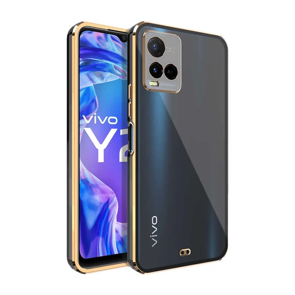 Vivo Y21S Kılıf Parlak Kenarlı Altın İşlemeli Kamera Korumalı Kapak (Voit c.)