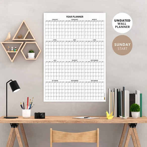 Amerikan Standardı Zamansız Yıllık Planlayıcı Takvim, Pazar Günü Başlangıçlı, Sürekli Takvim, Tarihsiz Yıllık Planlayıcı ürün görseli 1