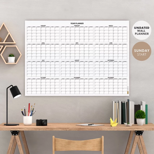Amerikan Standardı Zamansız Yıllık Planlayıcı Takvim, Pazar Günü Başlangıçlı, Sürekli Takvim, Tarihsiz Yıllık Planlayıcı ürün görseli 1