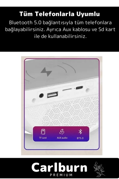 Kablosuz Şarj Led Işıklı Bluetooth Hoparlör Radyolu Müzik Çalar Saatli Telefon Standı 3in1 Speaker - 3