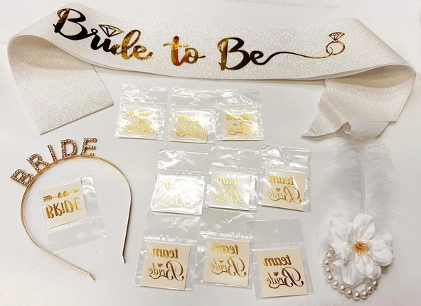 Altın Renk Bride Partisi Taç Kuşak Dövme Bileklik Seti Full 13 Parça - 2