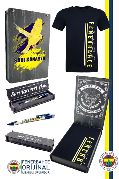 Fenerbahçe Orijinal Lisanslı Sıfır Yaka Tribün T-Shirt + Kalem Set Hediyelik Ahşap Kutulu