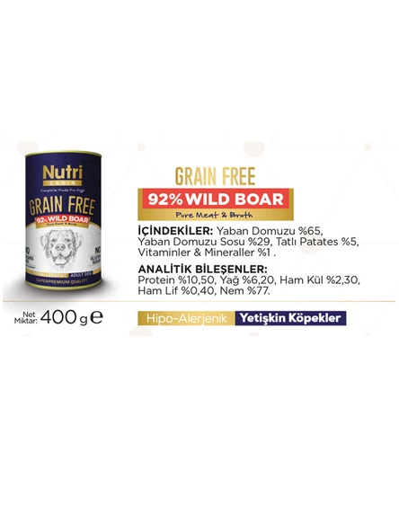 Nutri Canin 400Gr %92 Yaban Domuz Etli Tatlı Patatesli HipoAlerjenik Tahılsız 4Adet Yaş Köpek Maması - 4