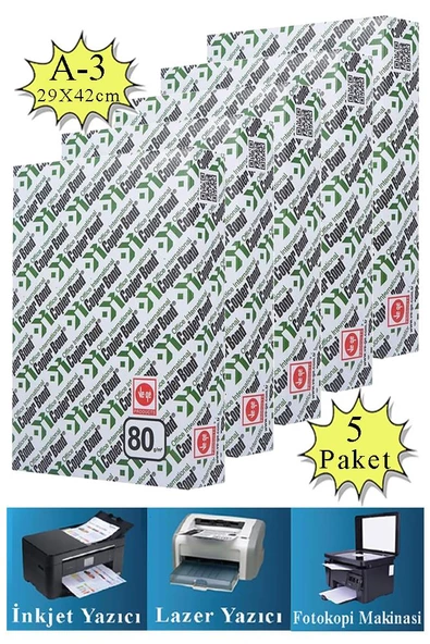 Fotokopi Kağıdı A3 80 gr 500 lü 5 Paket Copierbond Fotokopi Kağıdı Lazer İnkjet ve Fotokopi Makineleri İçin Uyumlu - 1