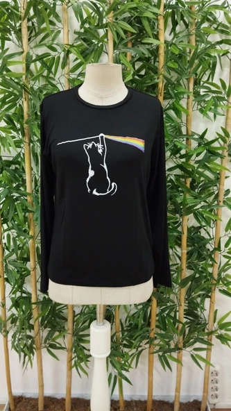 Kadın Uzun Kollu Bisiklet Yaka Baskılı Iki Iplik Bluz - 2