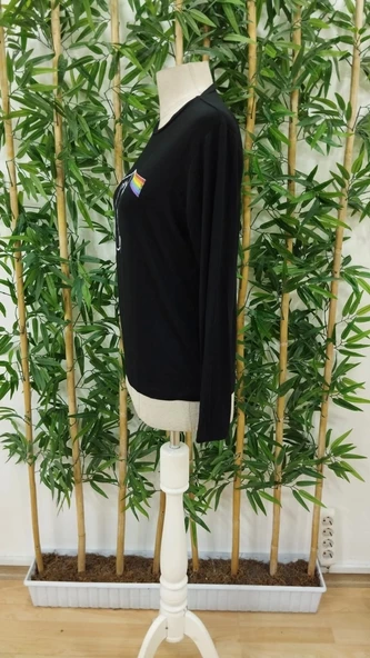 Kadın Uzun Kollu Bisiklet Yaka Baskılı Iki Iplik Bluz - 3