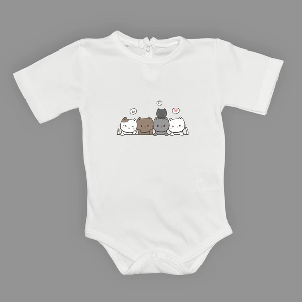 Sevimli Kediler Baskılı Bebek Body Zıbın Çıtçıtlı Badi - 6
