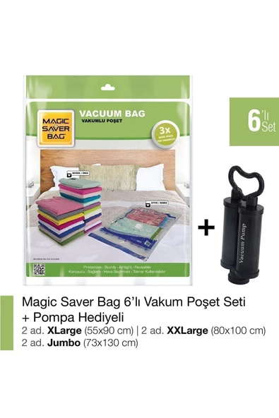 Magic Saver Bag 6’lı Karışık Vakumlu Poşet Set+Pompa Hediyeli