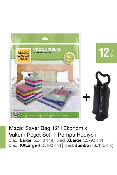 Magic Saver Bag 12li  Eko Vakumlu Poşet Set+Pompa Hediyeli