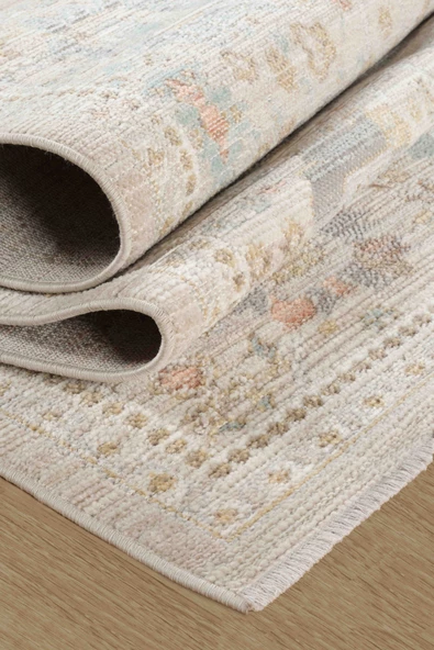 Rustik 2221 Klasik Vintage Salon Bej Country Mutfak Halısı Tozumaz Yumuşak Makine Halısı - Resim 2