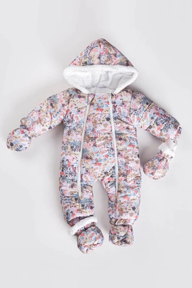 Çiçek Desenli Patikli Eldivenli Kapüşonlu Fermuarlı Kışlık Kız Erkek Bebek Astronot Tulum Kozmonot - 4