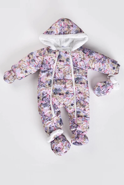 Çiçek Desenli Patikli Eldivenli Kapüşonlu Fermuarlı Kışlık Kız Erkek Bebek Astronot Tulum Kozmonot - 3