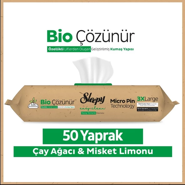 Sleepy Easy Clean Bio Çözünür Çay Ağacı Ve Misket Limonu Yüzey Temizlik Havlusu 50 Yaprak