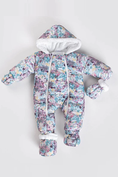 Çiçek Desenli Patikli Eldivenli Kapüşonlu Fermuarlı Kışlık Kız Erkek Bebek Astronot Tulum Kozmonot - 2