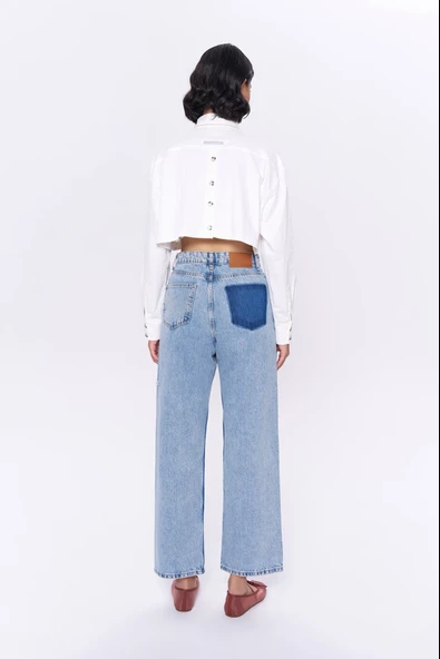 Sırt Düğmeli Nakışlı Crop Gömlek Ekru - Resim 4