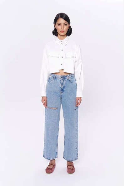 Sırt Düğmeli Nakışlı Crop Gömlek Ekru - Resim 3