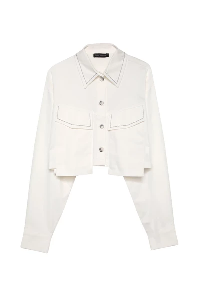 Sırt Düğmeli Nakışlı Crop Gömlek Ekru - Resim 5