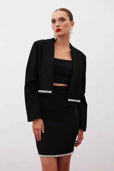 Aksesuarlı Kısa Ceket - SİYAH - 2