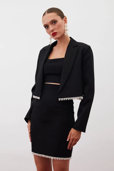 Aksesuarlı Kısa Ceket - SİYAH - 4