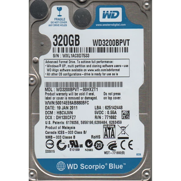 320GB WESTERN DIGITAL WD3200BPVT LAPTOP HARDDİSK