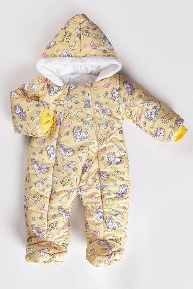 YENİ Unicorn Desenli İçi Kürklü Patikli Kapüşonlu Kışlık Erkek Kız Bebek Astronot Tulum Kozmonot - 2