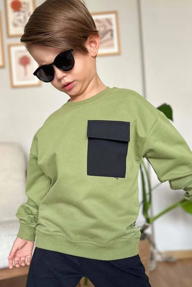 Erkek Çocuk Kapak Cepli Bisiklet Yaka Sweatshirt Haki Yeşil Eşofman Takım - 3