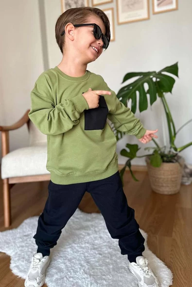 Erkek Çocuk Kapak Cepli Bisiklet Yaka Sweatshirt Haki Yeşil Eşofman Takım - 2