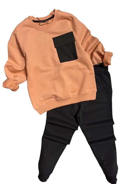 Erkek Çocuk Kapak Cepli Bisiklet Yaka Sweatshirt Somon Eşofman Takım - 4