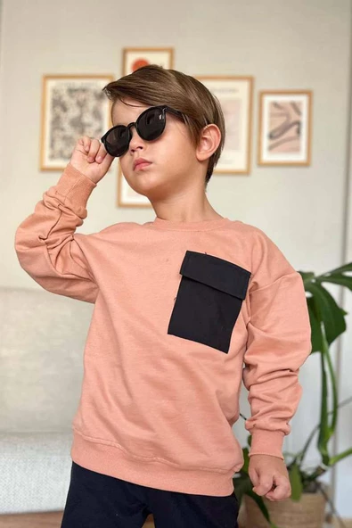 Erkek Çocuk Kapak Cepli Bisiklet Yaka Sweatshirt Somon Eşofman Takım - 3