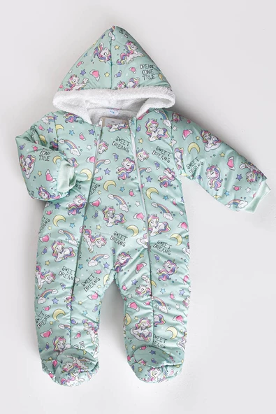 YENİ Unicorn Desenli İçi Kürklü Patikli Kapüşonlu Kışlık Erkek Kız Bebek Astronot Tulum Kozmonot - 3